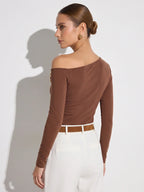 Off-Shoulder Fitted Ruched Long Sleeve Top