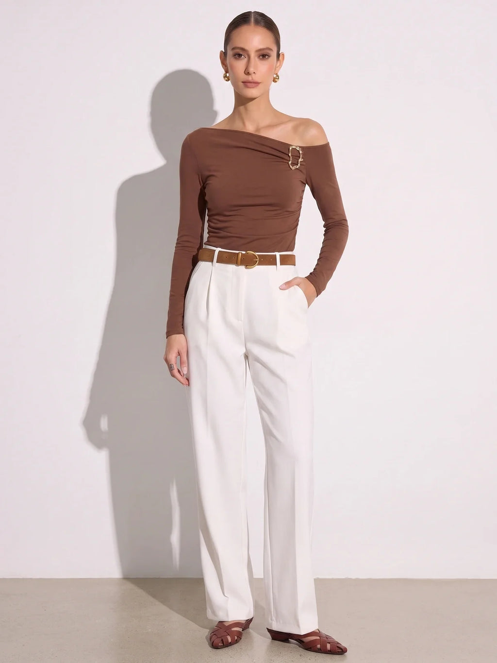 Off-Shoulder Fitted Ruched Long Sleeve Top