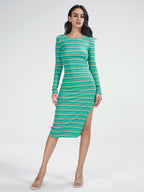 Striped Long Sleeve Bodycon Slit Dress