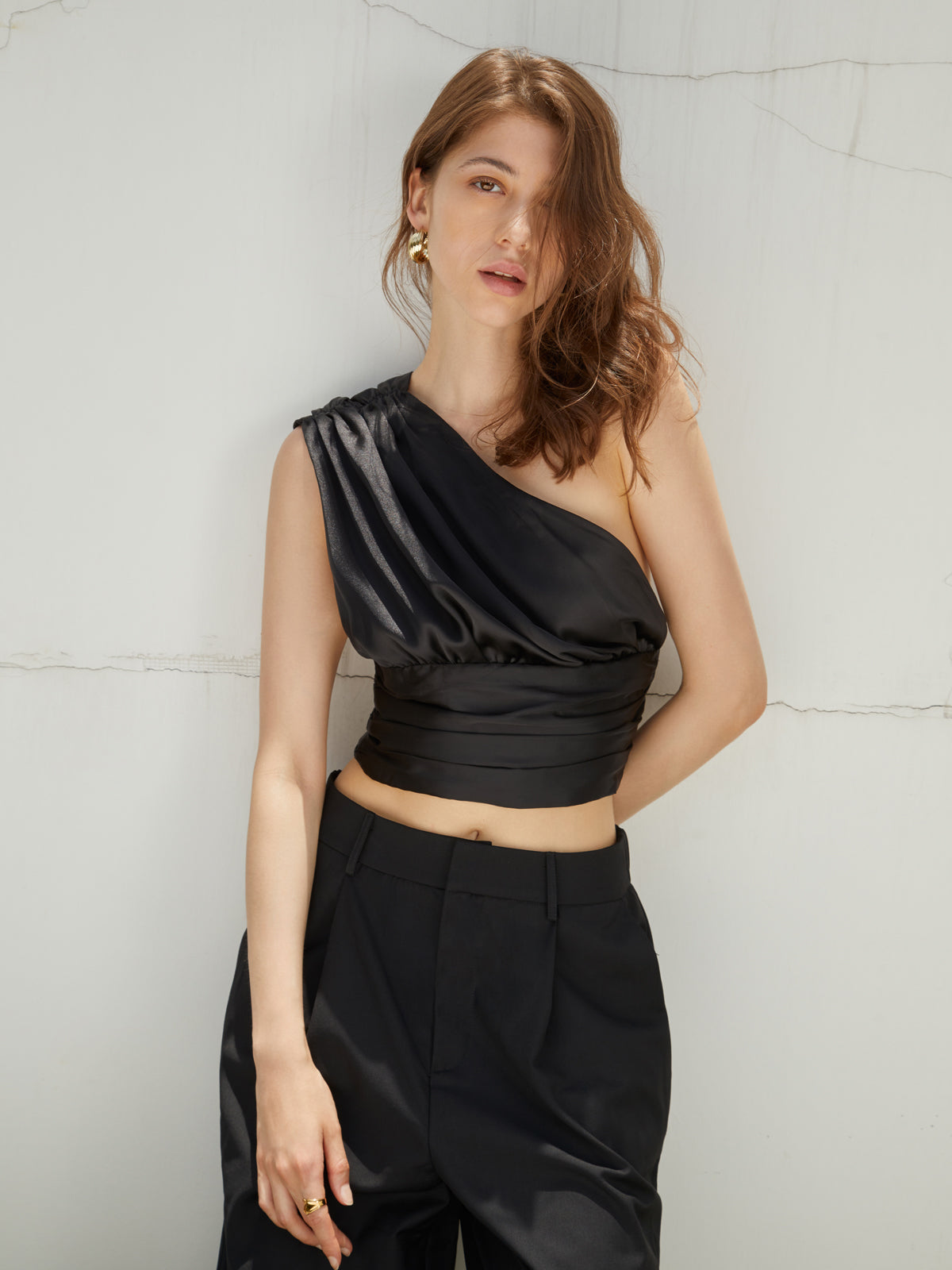 One Strap Ruched Satin Crop Top
