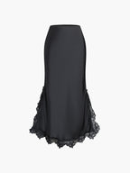 Lace Hem Satin Zippered Maxi Skirt