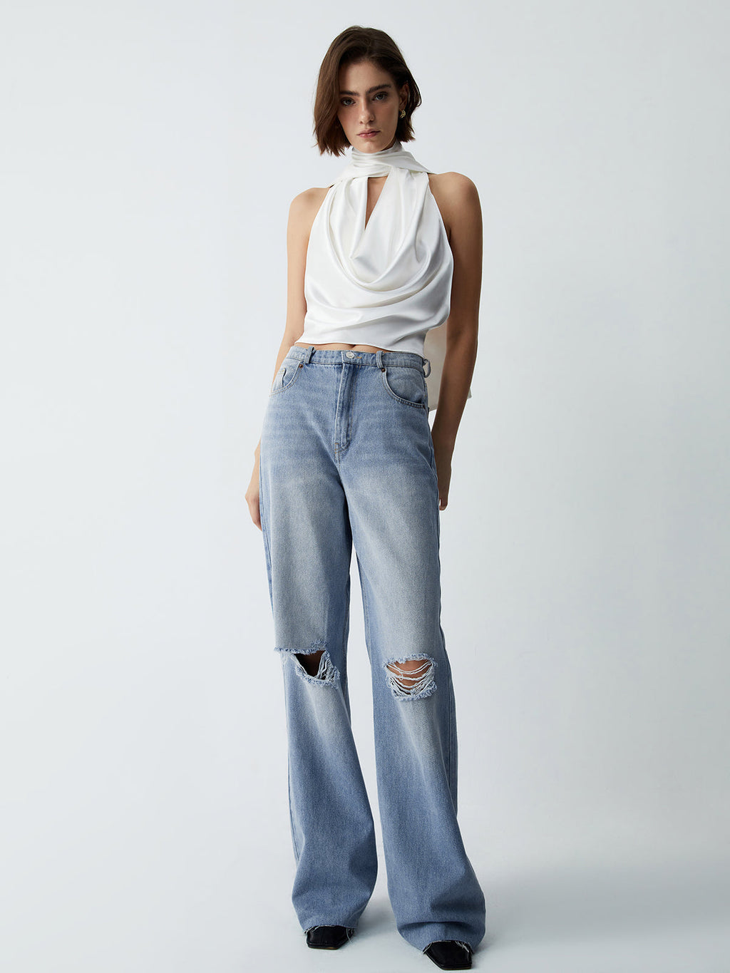 Cowl Neck Open Back Satin Crop Top