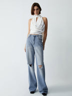 Cowl Neck Open Back Satin Crop Top