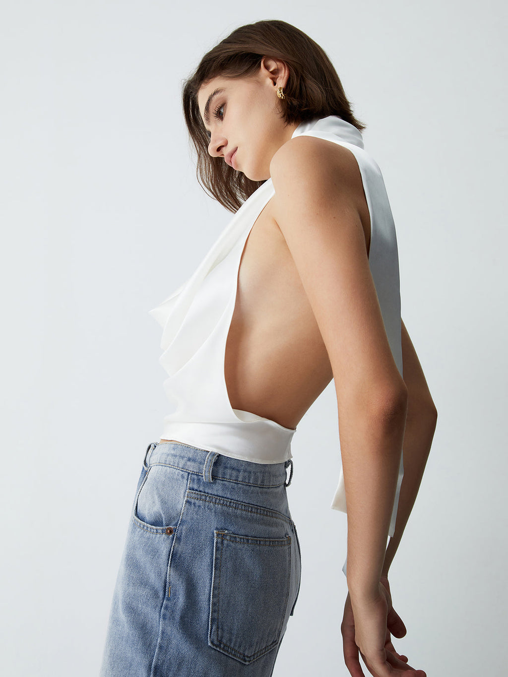 Cowl Neck Open Back Satin Crop Top
