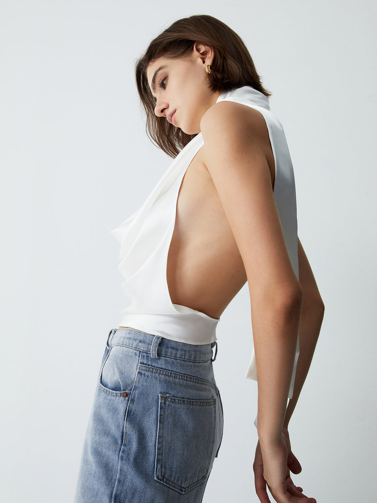 Cowl Neck Open Back Satin Crop Top