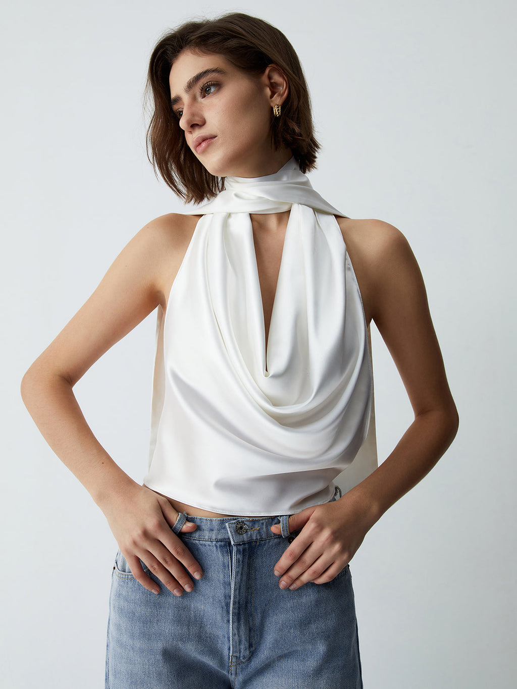 Cowl Neck Open Back Satin Crop Top