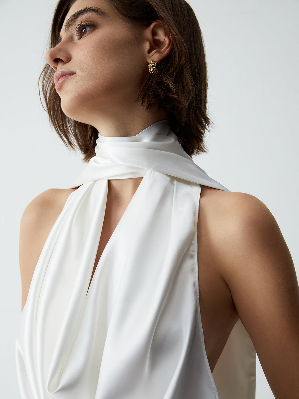 Cowl Neck Open Back Satin Crop Top