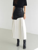 Asymmetric Patchwork Faux Leather Chiffon Pleated Maxi Skirt