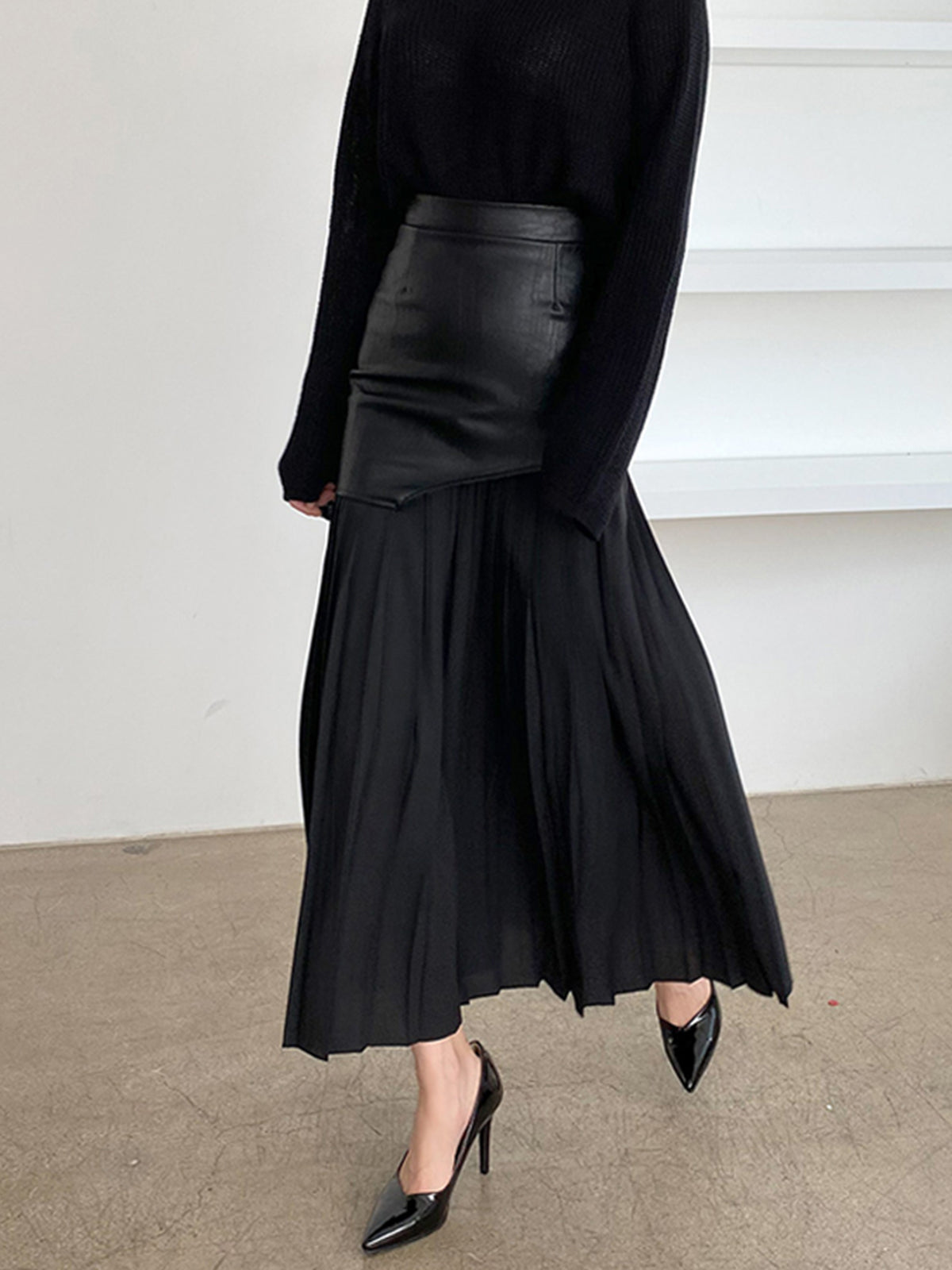Asymmetric Patchwork Faux Leather Chiffon Pleated Maxi Skirt