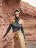 Cross-Over Neck Hooded Top