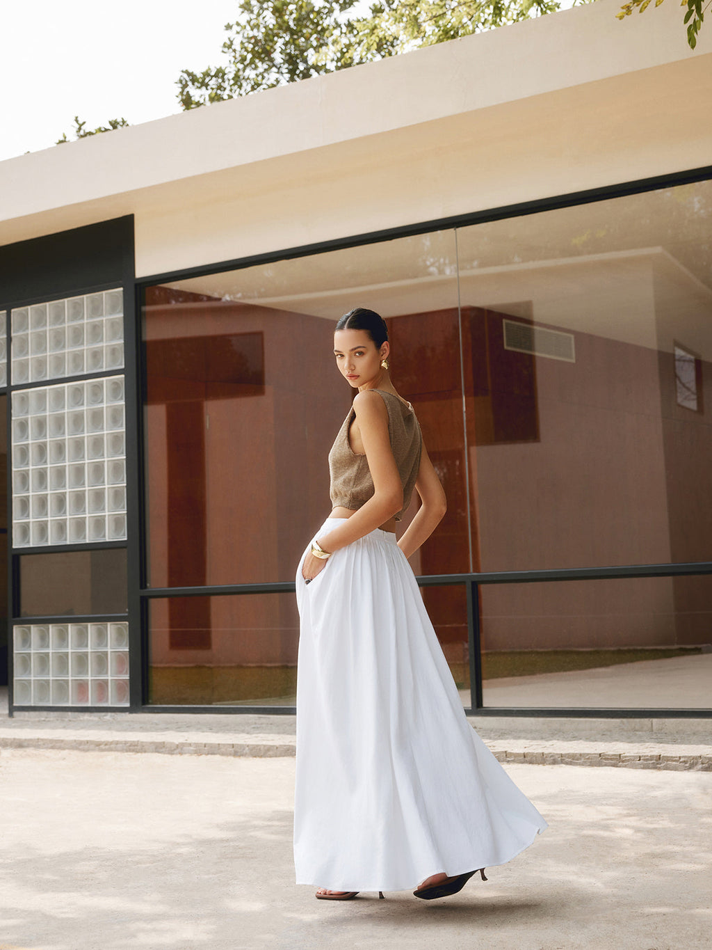 Cotton Pleated Maxi Skirt