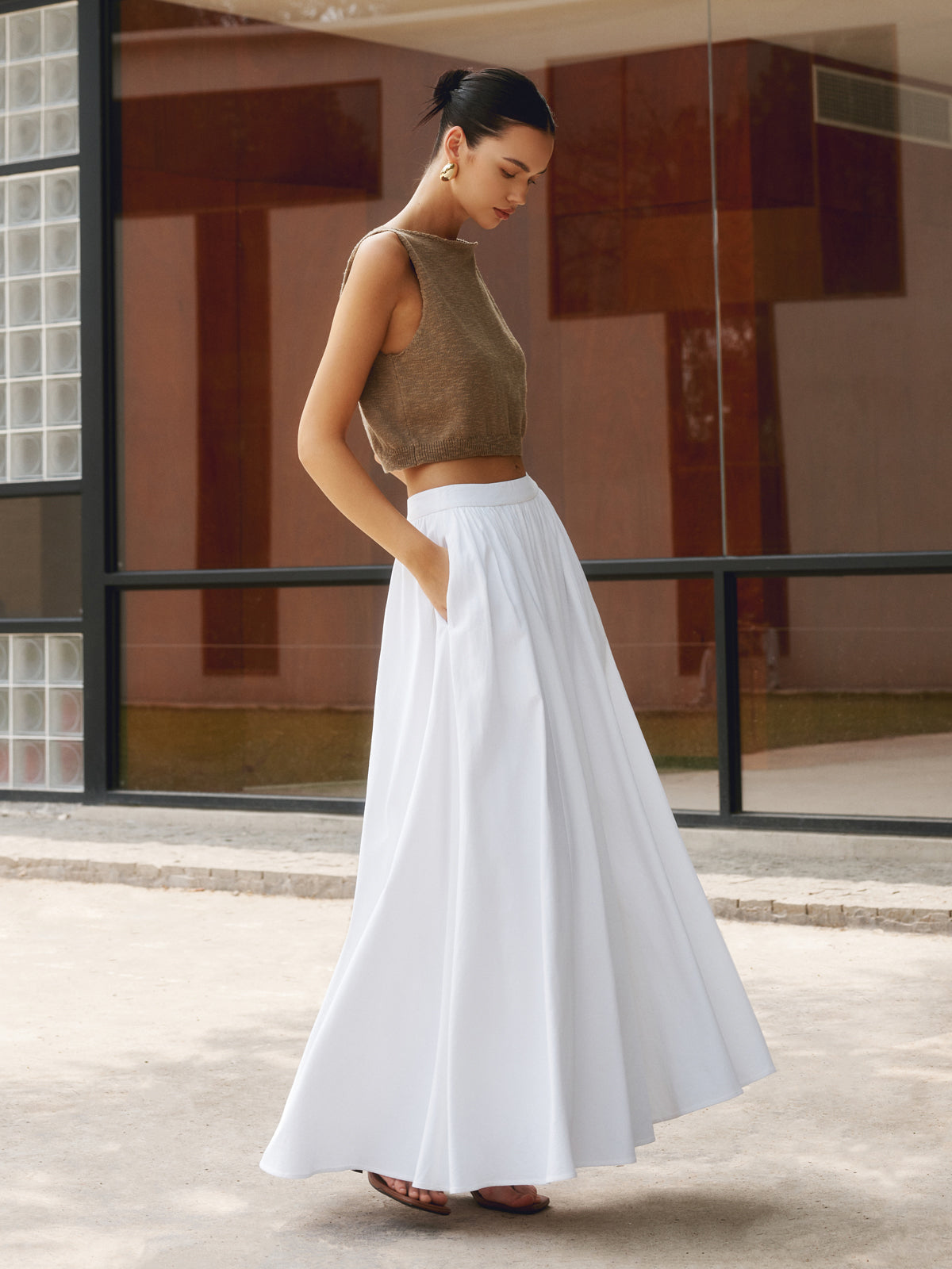 Cotton Pleated Maxi Skirt