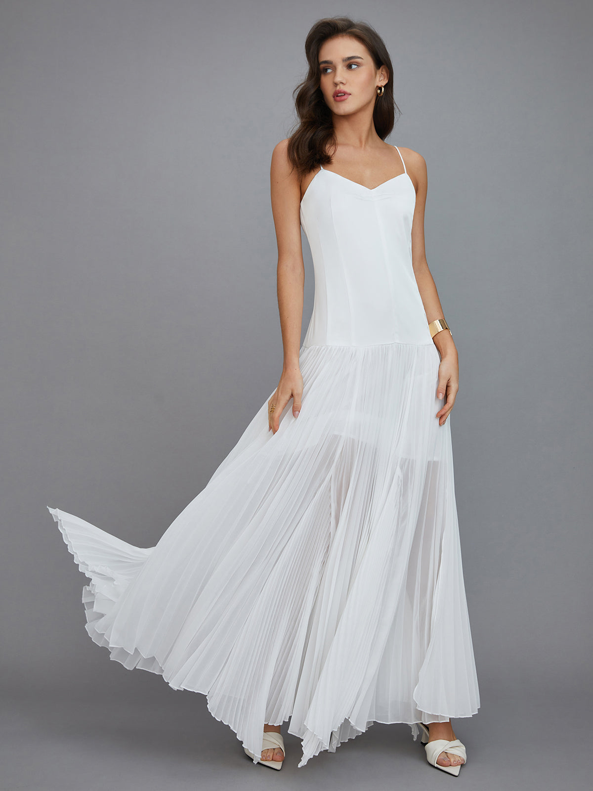 Semi-Sheer Pleated High-Low Maxi Dress