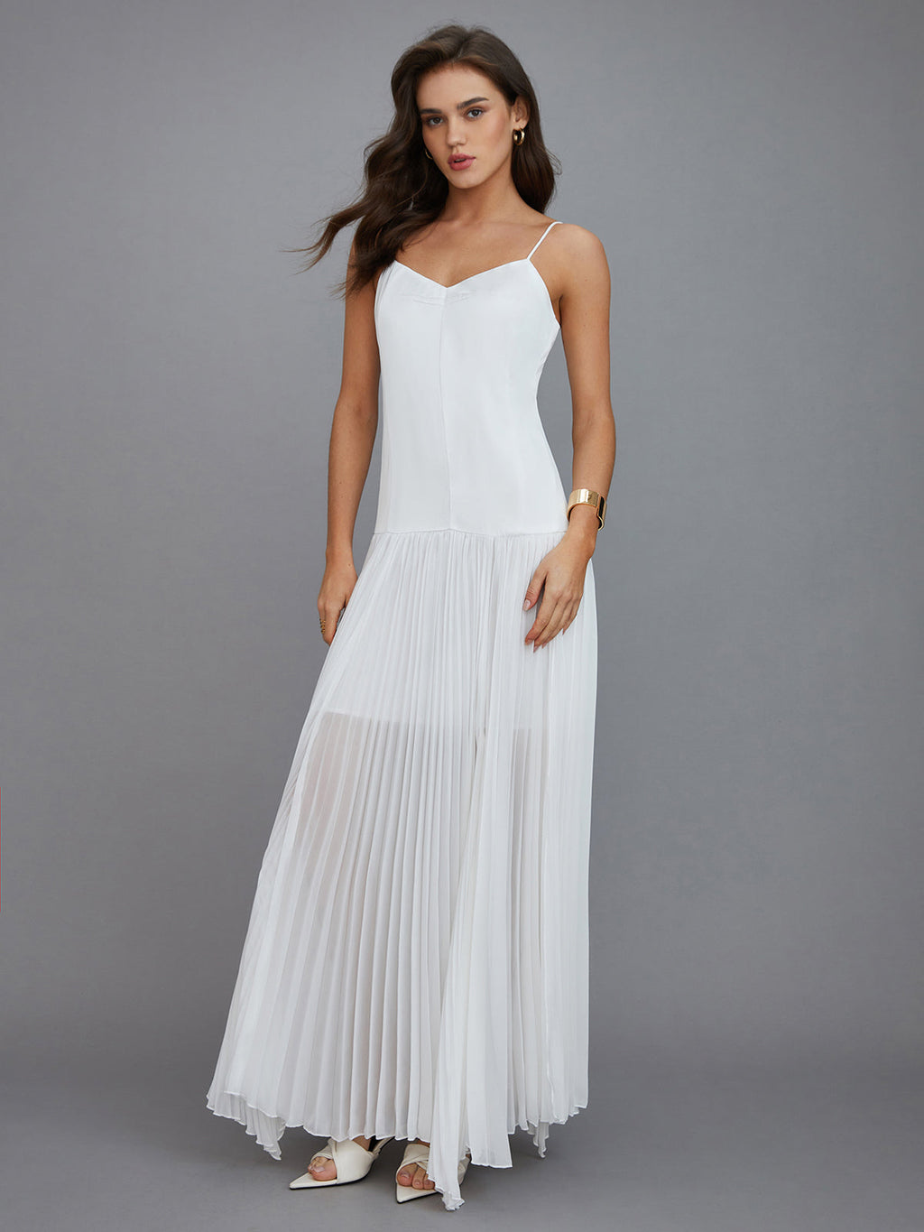 Semi-Sheer Pleated High-Low Maxi Dress