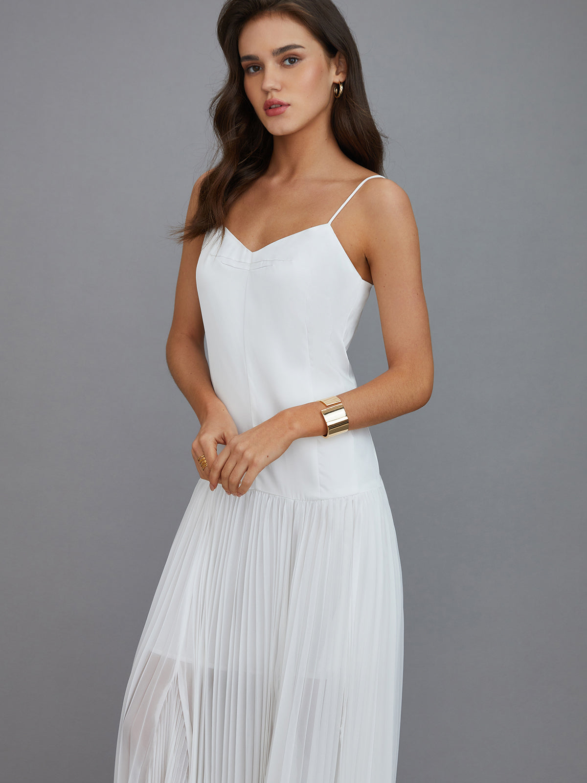 Semi-Sheer Pleated High-Low Maxi Dress