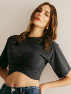 Minimalist Plain Pleated Crop T-Shirt
