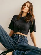 Minimalist Plain Pleated Crop T-Shirt