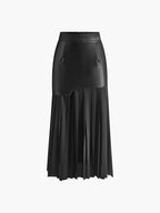 Asymmetric Patchwork Faux Leather Chiffon Pleated Maxi Skirt