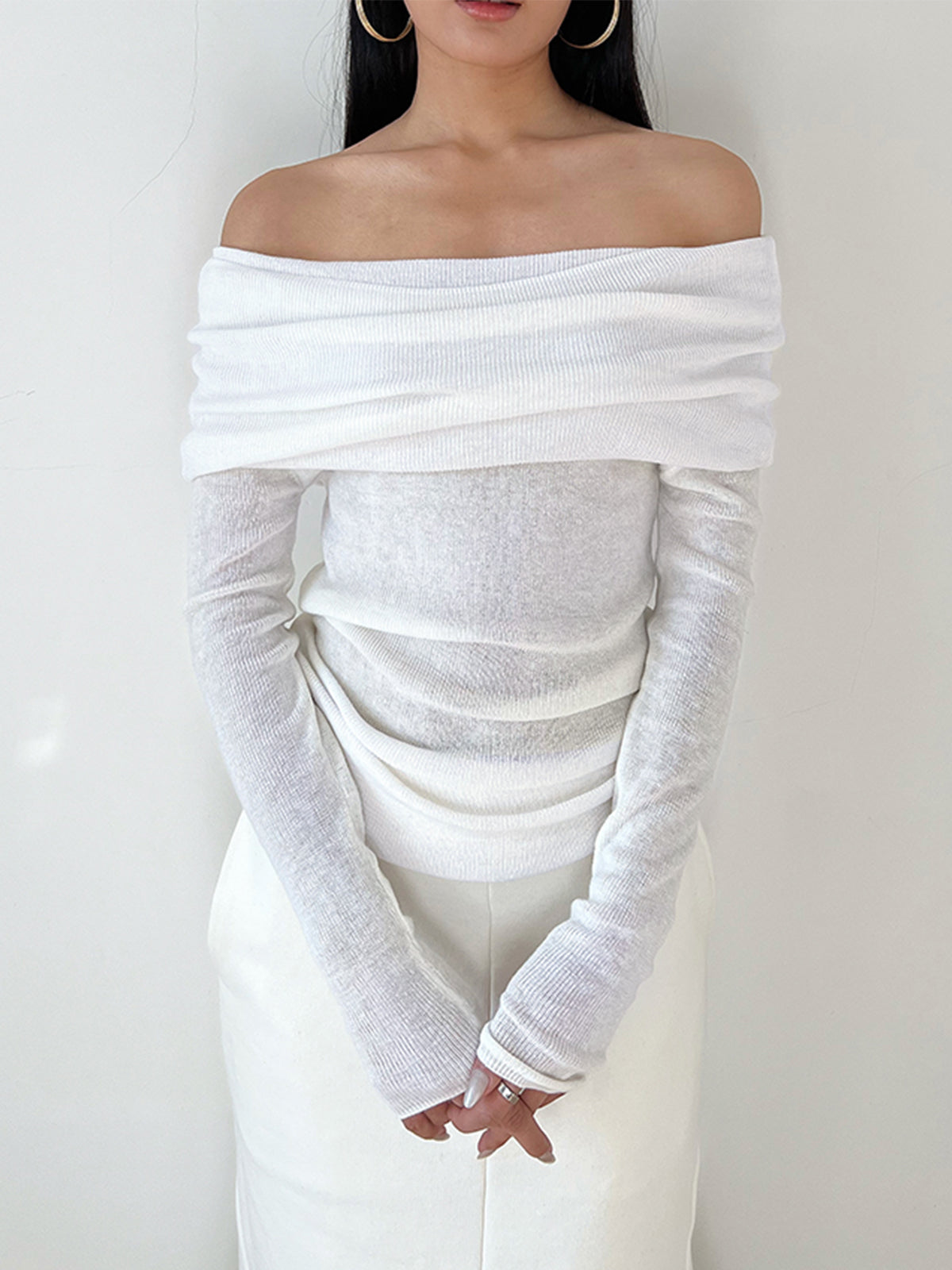 Semi-Sheer Overfold Off-Shoulder Shirt