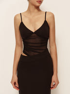 Semi-Sheer Low V-Neck Asymmetrical Ruched Dress