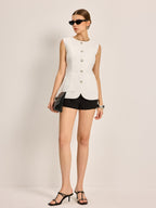 Button-Front Pockets Textured Vest Without Belt