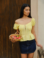 Puff Sleeve Button-Front Peplum Top