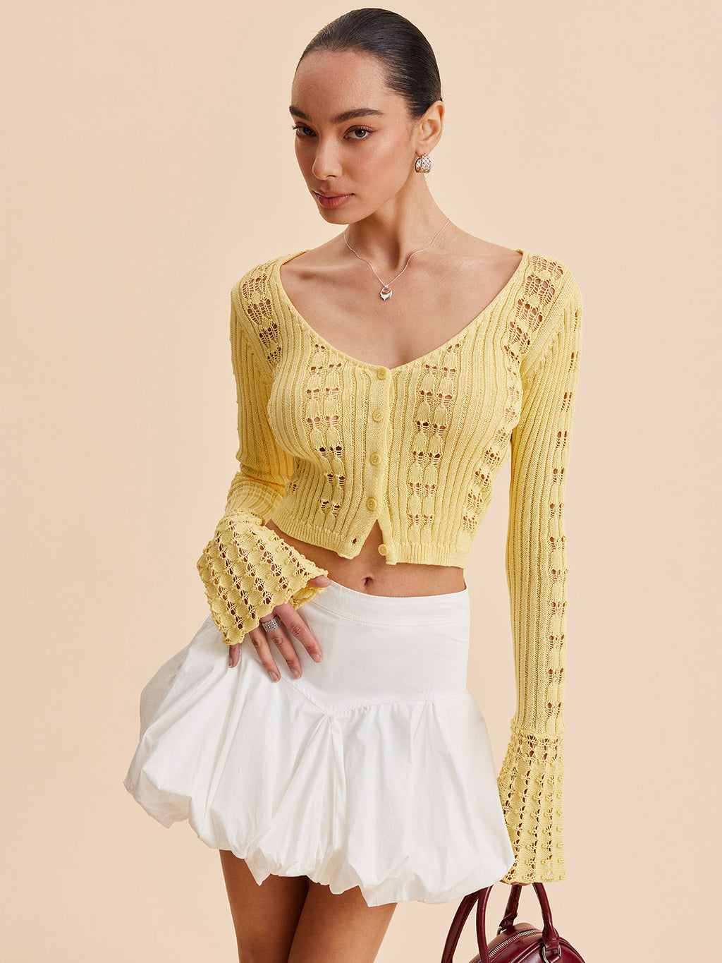 Bell Sleeve Crochet Knit Cardigan