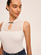 Mesh Detail Keyhole Neck Ribbed Top