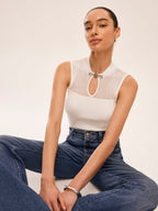 Mesh Detail Keyhole Neck Ribbed Top
