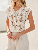 Semi-Sheer Jacquard Cut-Out V-Neck Tank Top