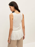 Semi-Sheer Knit Vest With Fringe Hem
