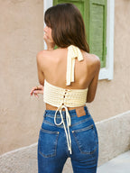 Halter Embroidery Tie-Back Top