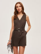 Linen Belted V-Neck Jumpsuit