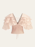 Semi-Sheer Ruffled Metal Decor Waist-Cinching Top