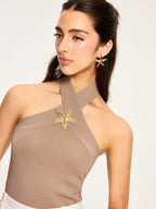 Metal Decor Cross-Strap Halter-Neck Top