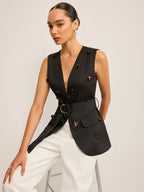 Belted Vest with 3D Sequin Flower Embellishments