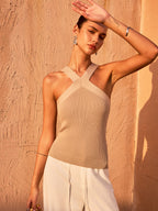 Cross-Strap Knit Halter Top