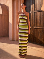 Striped Halter Backless Knit Maxi Dress