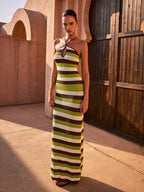 Striped Halter Backless Knit Maxi Dress