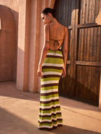 Striped Halter Backless Knit Maxi Dress