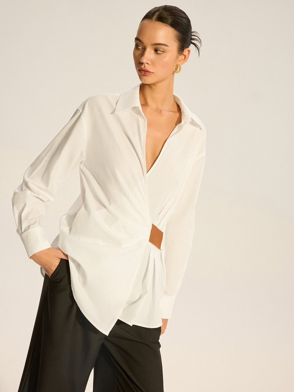 Cotton Ruched Shirt with Faux Leather Detail
