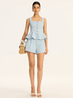 Textured Fabric Metal Button Peplum Vest