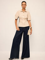 Cotton & Linen Contrast Trim Ruched Shirt