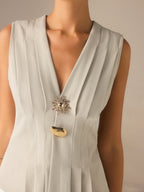 Pleated V-Neck Top with Metal Detail
