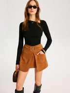 Metal Buckle Slit Suede Effect Mini Skirt