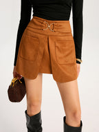 Metal Buckle Slit Suede Effect Mini Skirt