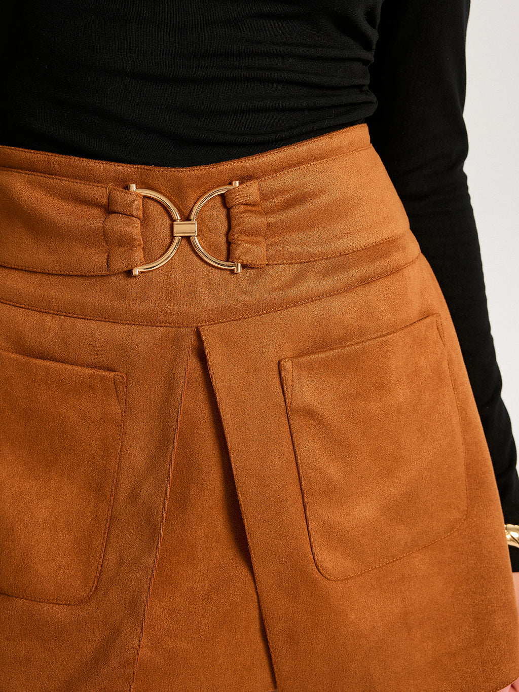 Metal Buckle Slit Suede Effect Mini Skirt