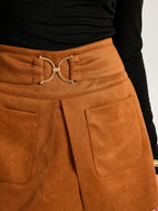 Metal Buckle Slit Suede Effect Mini Skirt