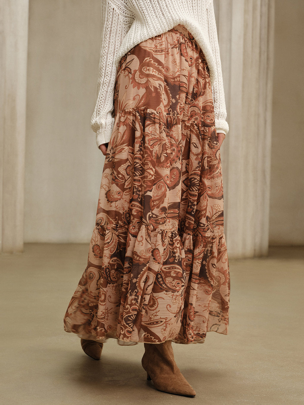 Semi-Sheer Boho Print Chiffon Maxi Skirt