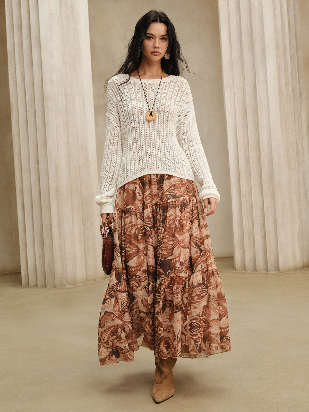 Semi-Sheer Boho Print Chiffon Maxi Skirt
